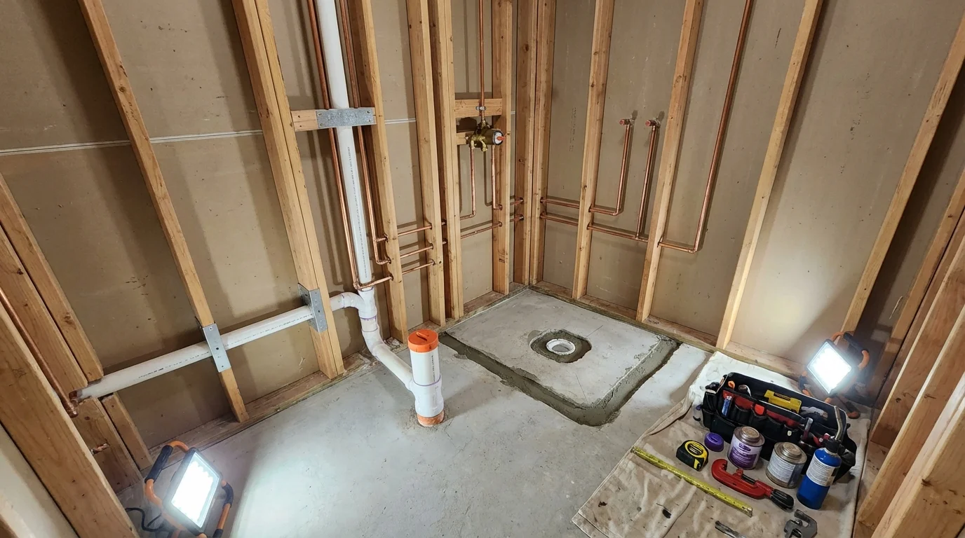 Bathroom rough-in plumbing during remodel by Johns Plumbing LLC in Allegan
