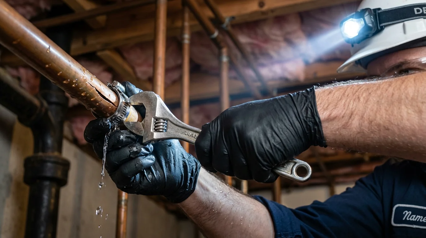Emergency pipe clamp repair being performed by a Johns Plumbing LLC plumber in Allegan