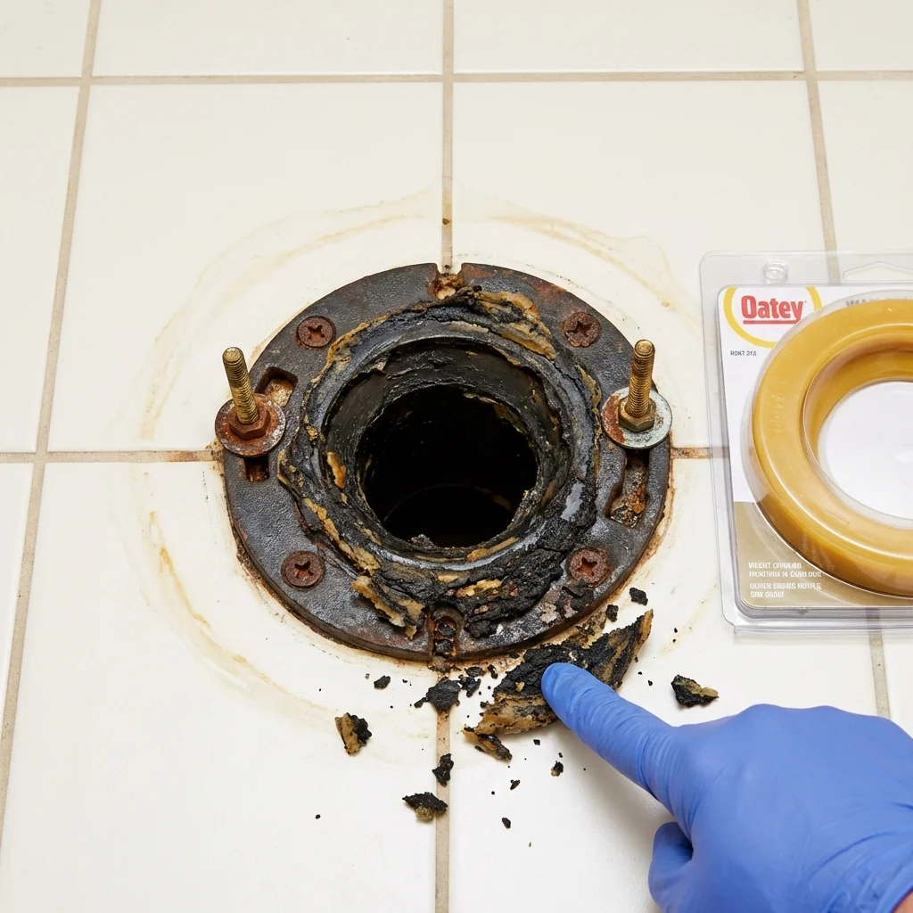 Failed wax ring showing water seepage at the base of a toilet in a Allegan, MI home