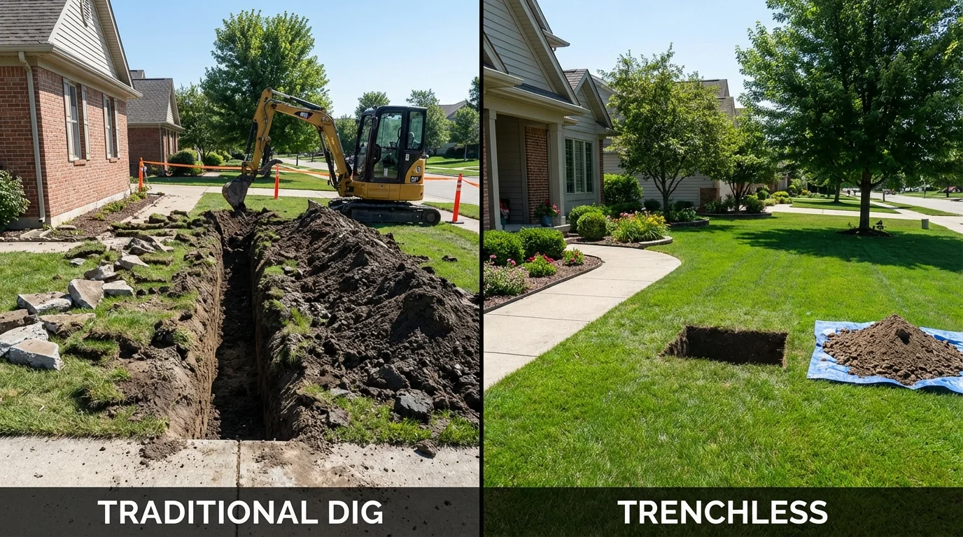 Trenchless sewer repair with minimal yard damage versus traditional excavation in Allegan, MI