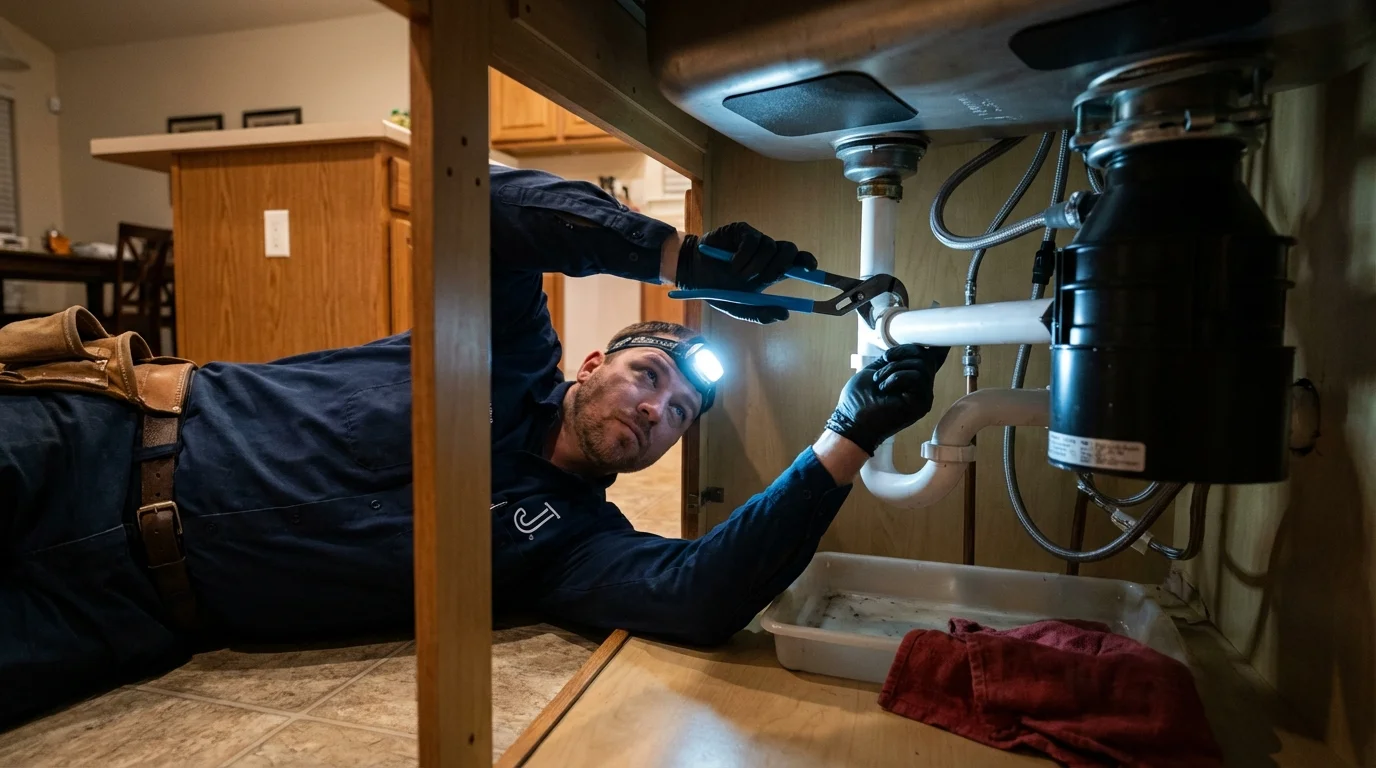 P-trap and supply line connections under a kitchen sink showing a common leak point in Allegan, MI